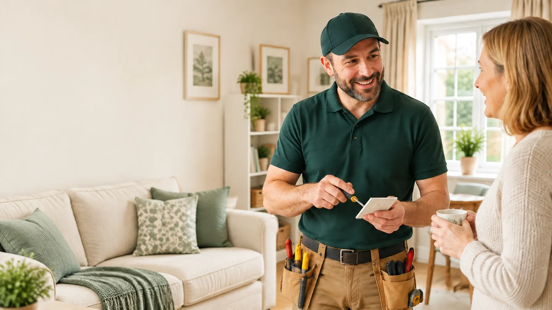 A property maintenance professional talking through a repair with a homeowner